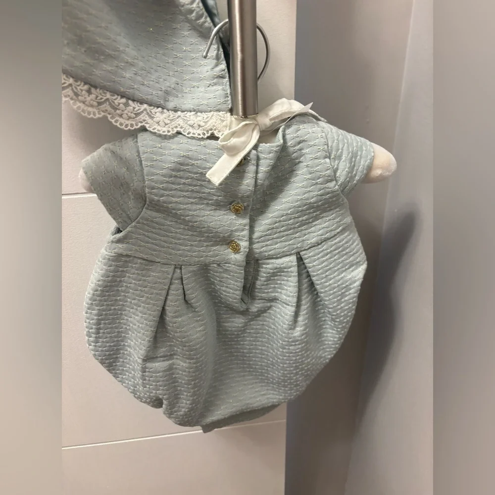 Shabby Chic Baby Girl Blue Lace Now Outfit With Bonnet Size 0-3 Months